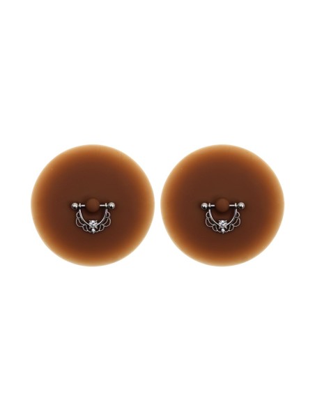 Paire de cache-tétons piercing barre demi-anneau faux diamant peau foncée - XP008F