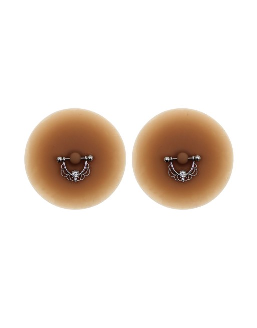 Paire de cache-tétons piercing barre demi-anneau faux diamant peau métisse - XP008M
