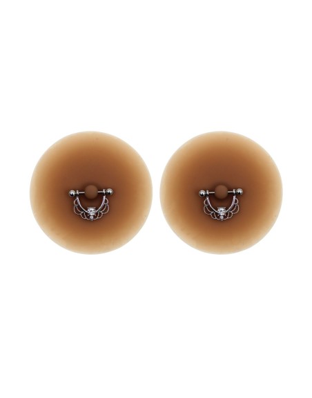 Paire de cache-tétons piercing barre demi-anneau faux diamant peau métisse - XP008M