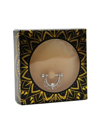 Paire de cache-tétons ornés d’un piercing barre en demi-anneau avec strass, pour peau claire. - XP008C