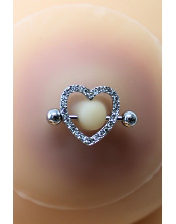 Paire de cache-tétons piercing barre coeur faux diamant peau claire - XP004C