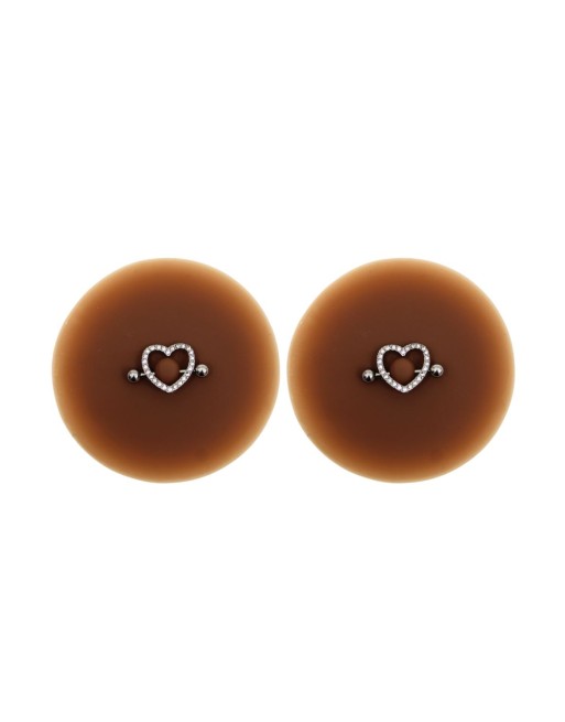 Paire de cache-tétons piercing barre coeur faux diamant peau foncée - XP004F