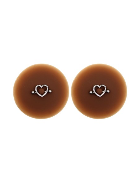 Paire de cache-tétons piercing barre coeur faux diamant peau foncée - XP004F