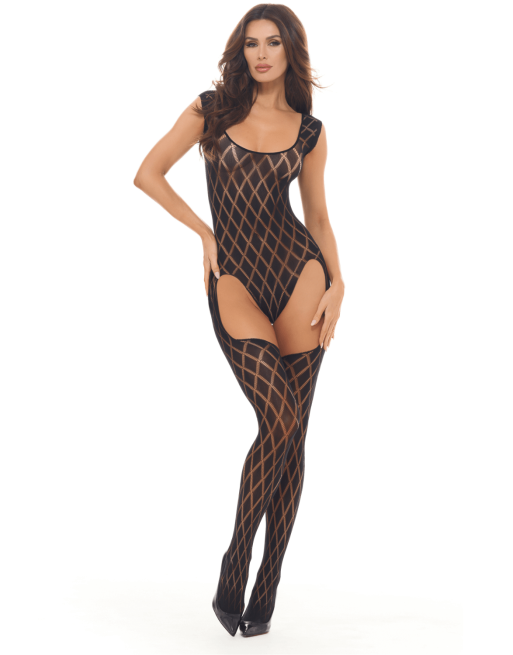 Combinaison body en résille noire avec bas intégrés - REN7116-BLK