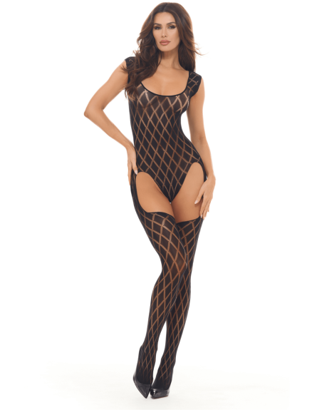 Combinaison body en résille noire avec bas intégrés - REN7116-BLK