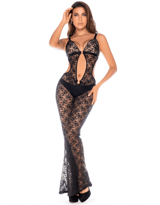 Combinaison/robe ajourée en dentelle noire - MAL1914BLK