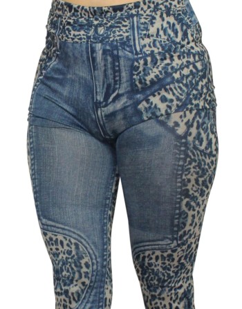 Legging bleu effet jean délavé imprimé léopard - FD1017