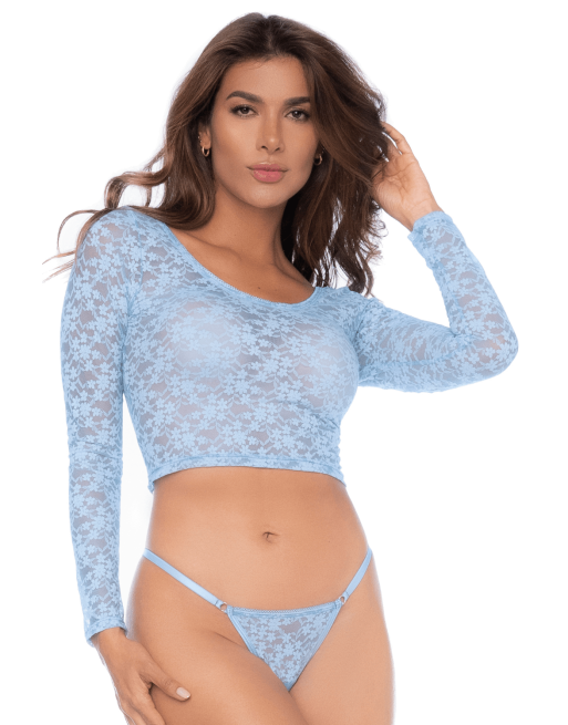 Ensemble 2 pièces en dentelle bleue pastel, crop top et string - MAL8918LBLU