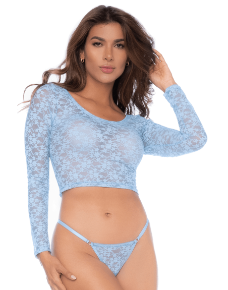 Ensemble 2 pièces en dentelle bleue pastel, crop top et string - MAL8918LBLU