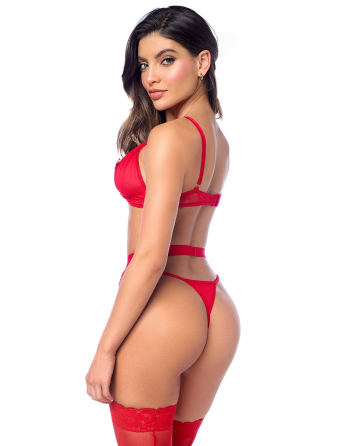Ensemble sexy 3 pièces peek-a-boo avec porte-jarretelles en dentelle Mapalé - MAL8970RED