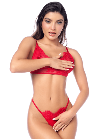 Ensemble sexy 3 pièces peek-a-boo avec porte-jarretelles en dentelle Mapalé - MAL8970RED