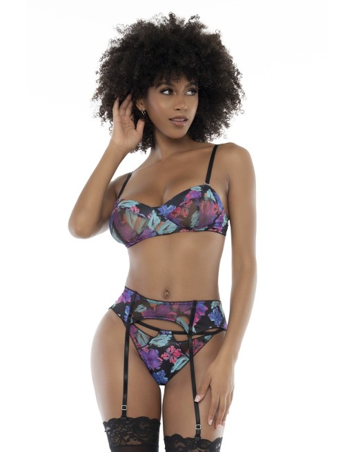 Ensemble trois pièces noir imprimé fleurs exotiques - MAL8770PRT Ensemble trois pièces noir imprimé fleurs exotiques - MAL8770PRT