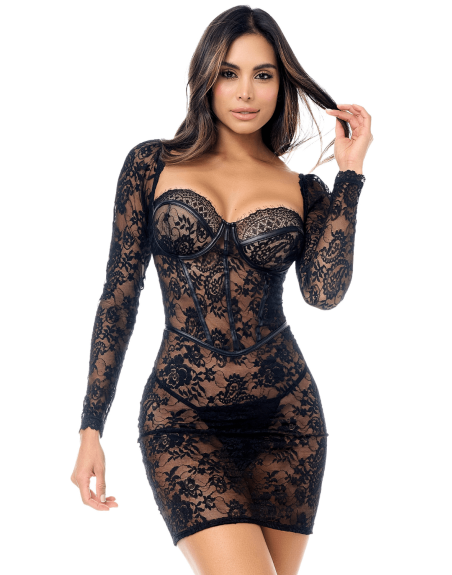 Robe en dentelle transparente à manches longues avec string - MAL40022BLK