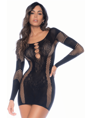 Robe manches longues en résille noire - MAL1117BLK
